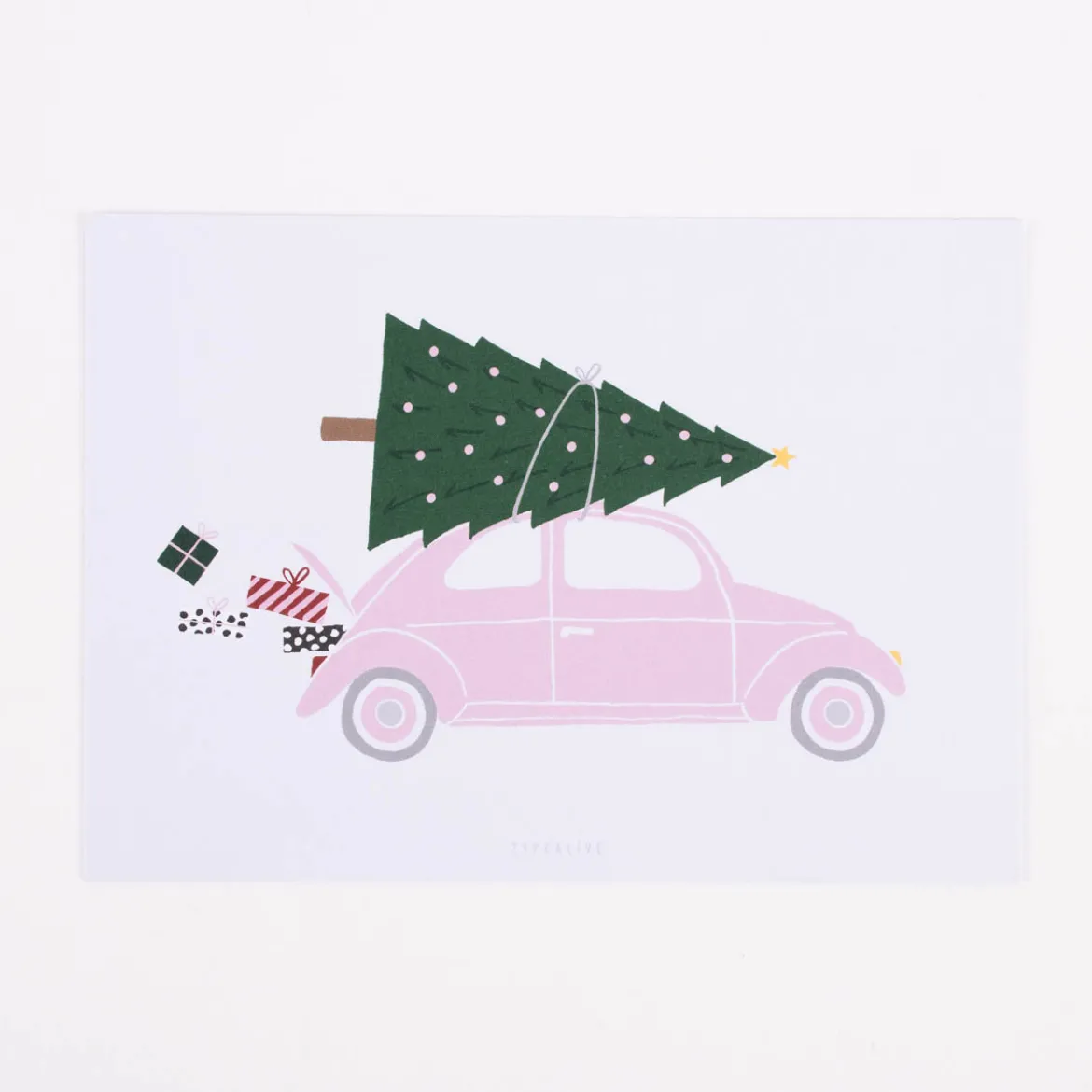 Postkarte Driving Home for Christmas Auto weiß rosa 10,5x14,8cm