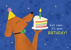 Postkarte Eat cake - it´s your Birthday! mit Hund und Torte blau 105x148mm von Grafik Werkstatt