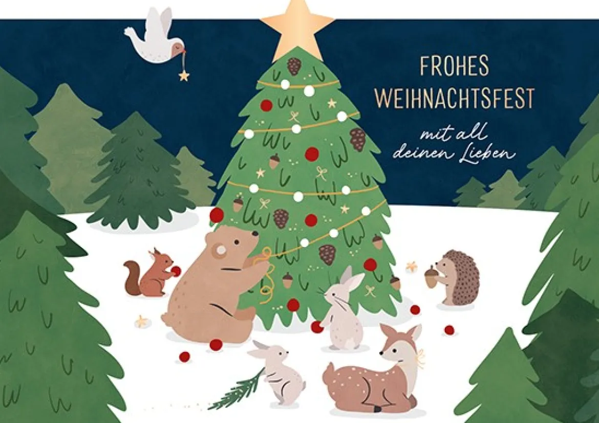Postkarte Frohes Weihnachtsfest Tierweihnacht 105x148mm mit Goldveredelung von Grafik Werkstatt
