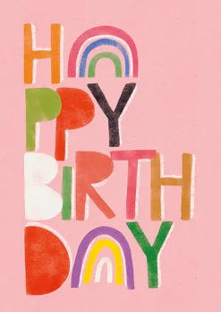 Postkarte HAPPY BIRTHDAY bunte Lettern rosa 105x148mm von Grafik Werkstatt