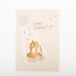 Postkarte Happy Birthday mit singender Katze beige A6 von KEITCARDS