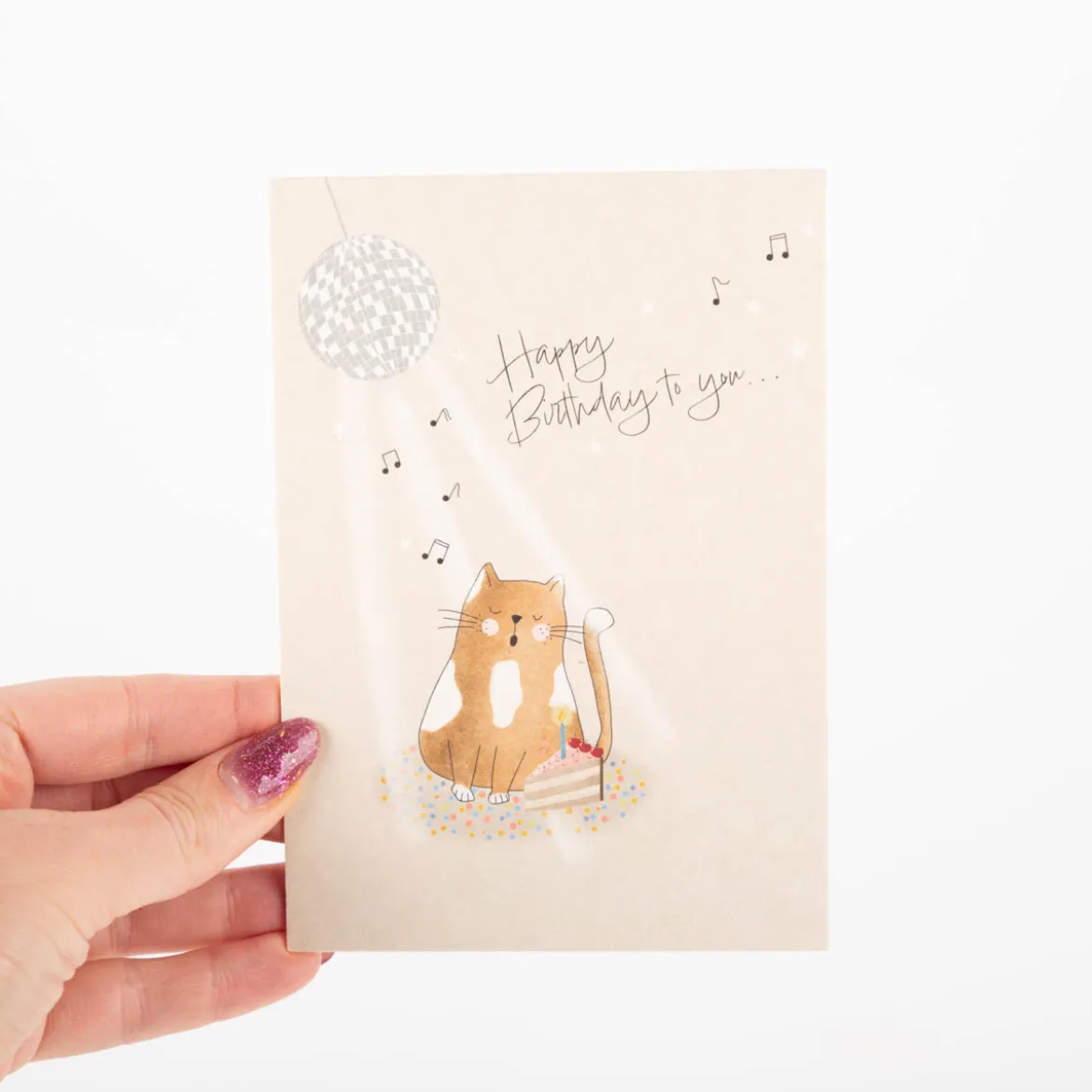 Postkarte Happy Birthday mit singender Katze beige A6 von KEITCARDS