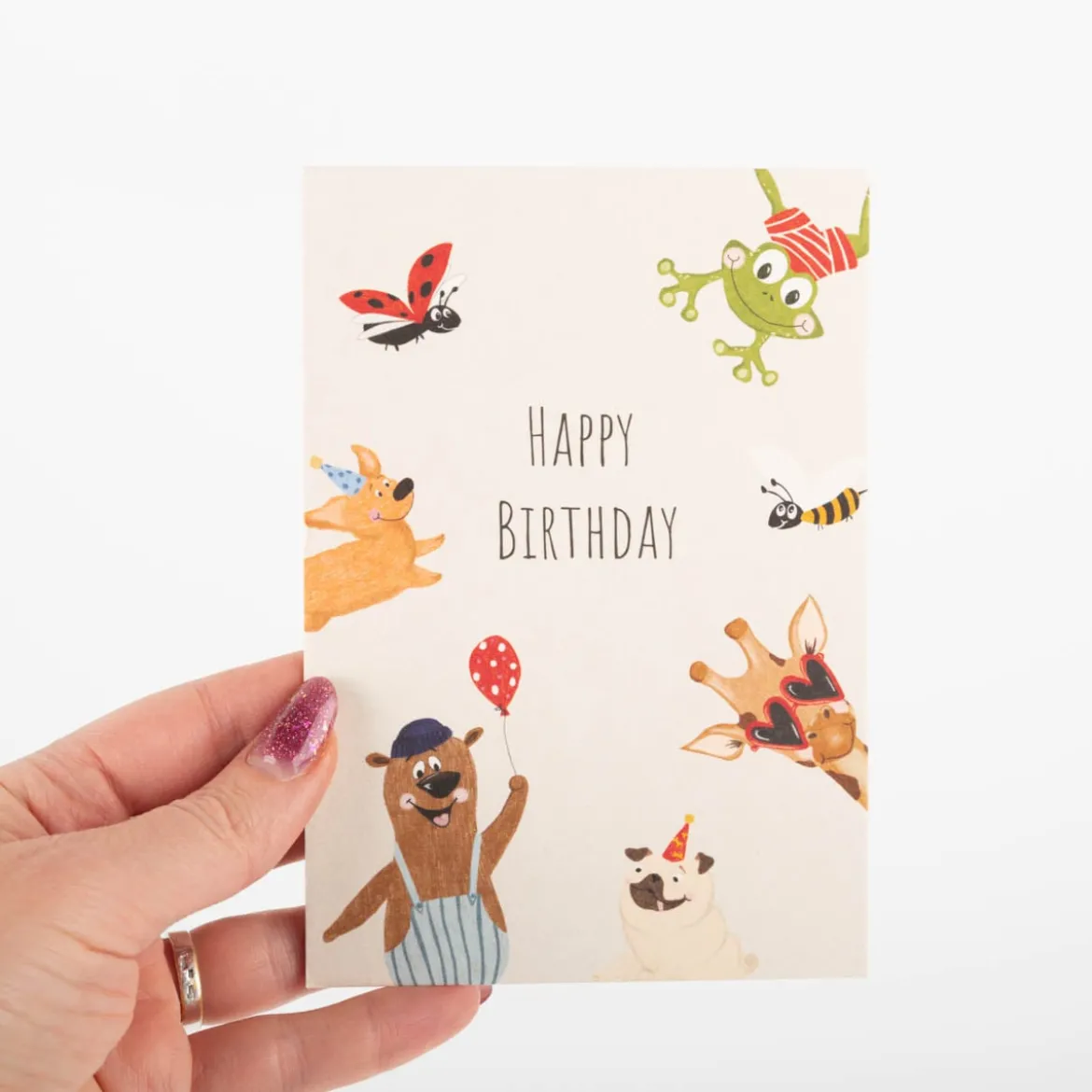 Postkarte Happy Birthday Tierparty beige A6 von KEITCARDS