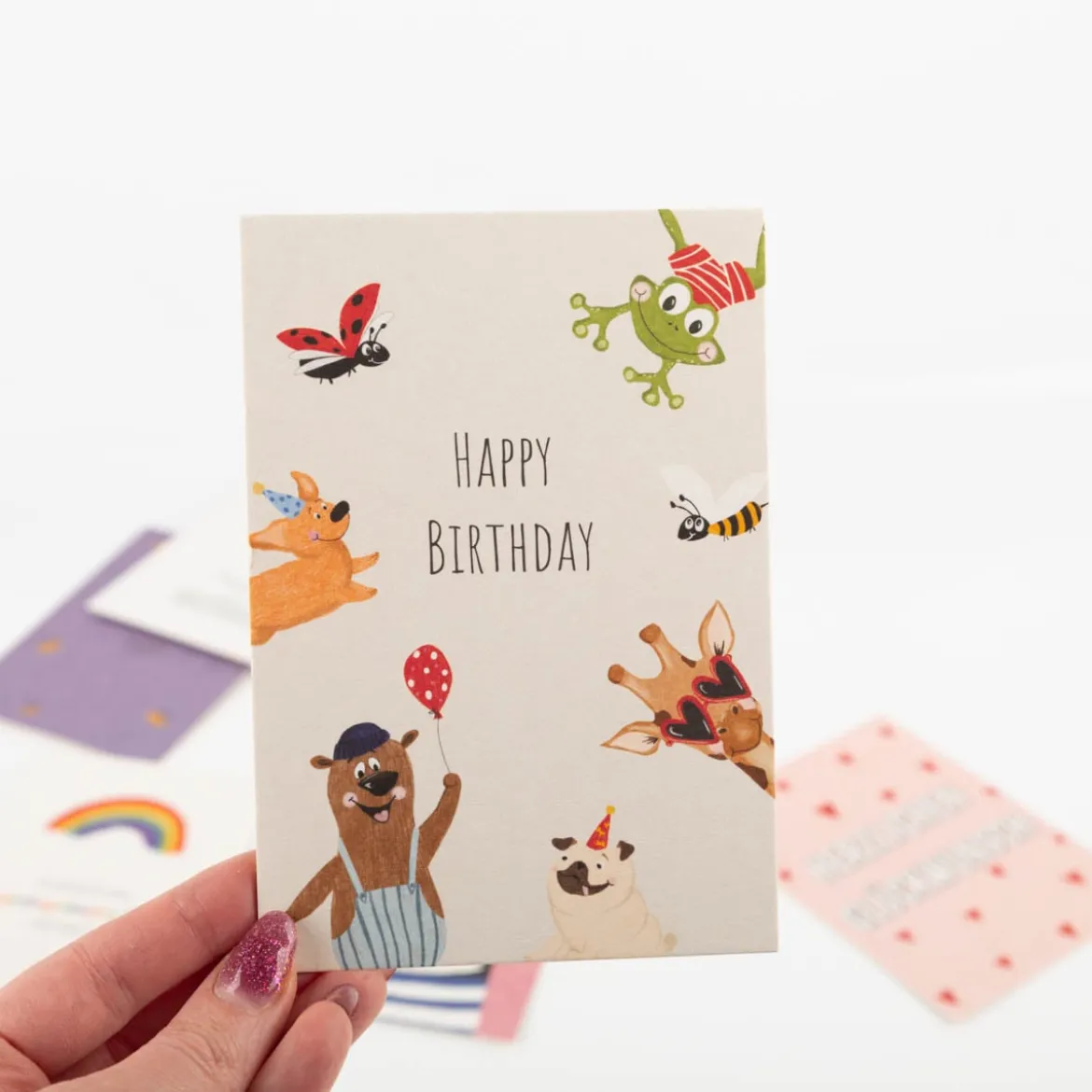 Postkarte Happy Birthday Tierparty beige A6 von KEITCARDS