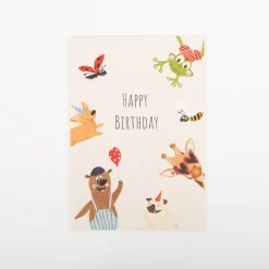 Postkarte Happy Birthday Tierparty beige A6 von KEITCARDS