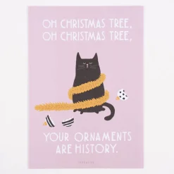 Postkarte Oh Christmas Tree Katze altrosa weiß schwarz 10,5x14,8cm