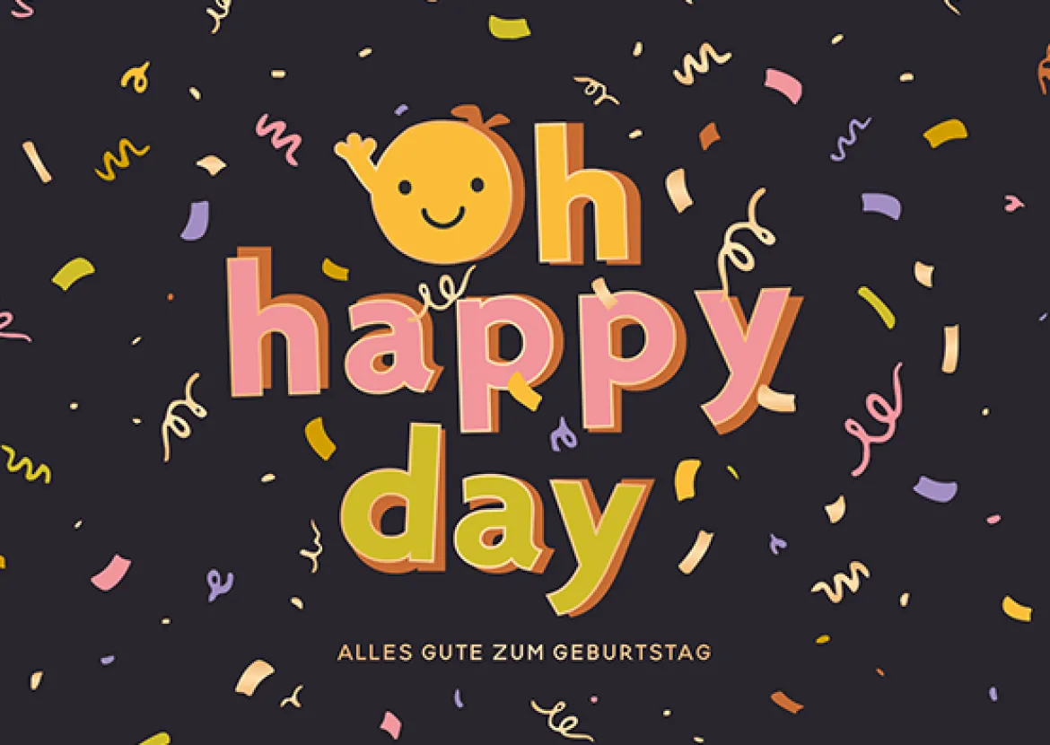 Postkarte OH HAPPY DAY Lachgesicht Konfetti schwarz bunt105x148mm von Grafik Werkstatt