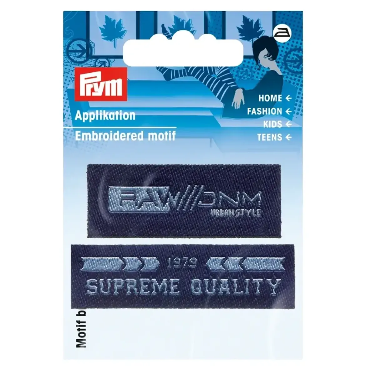 Prym Applikation aufbügelbar Label Supreme/Raw dunkelblau hellblau 2er Set