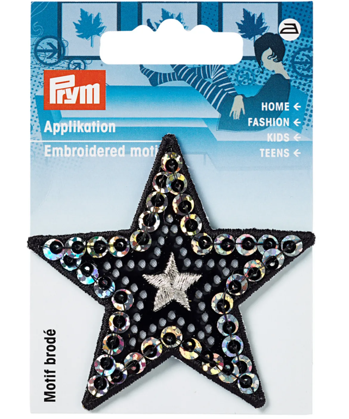 Prym Applikation Stern Pailletten schwarz silberfarbig 6,5x6,5cm