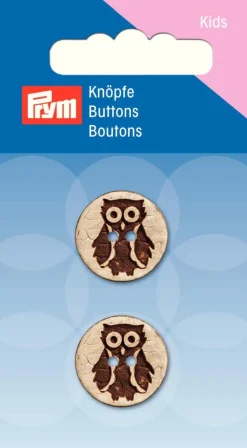Prym Kinder Knopf Knöpfe Eule Holz braun 18mm 2 Stück