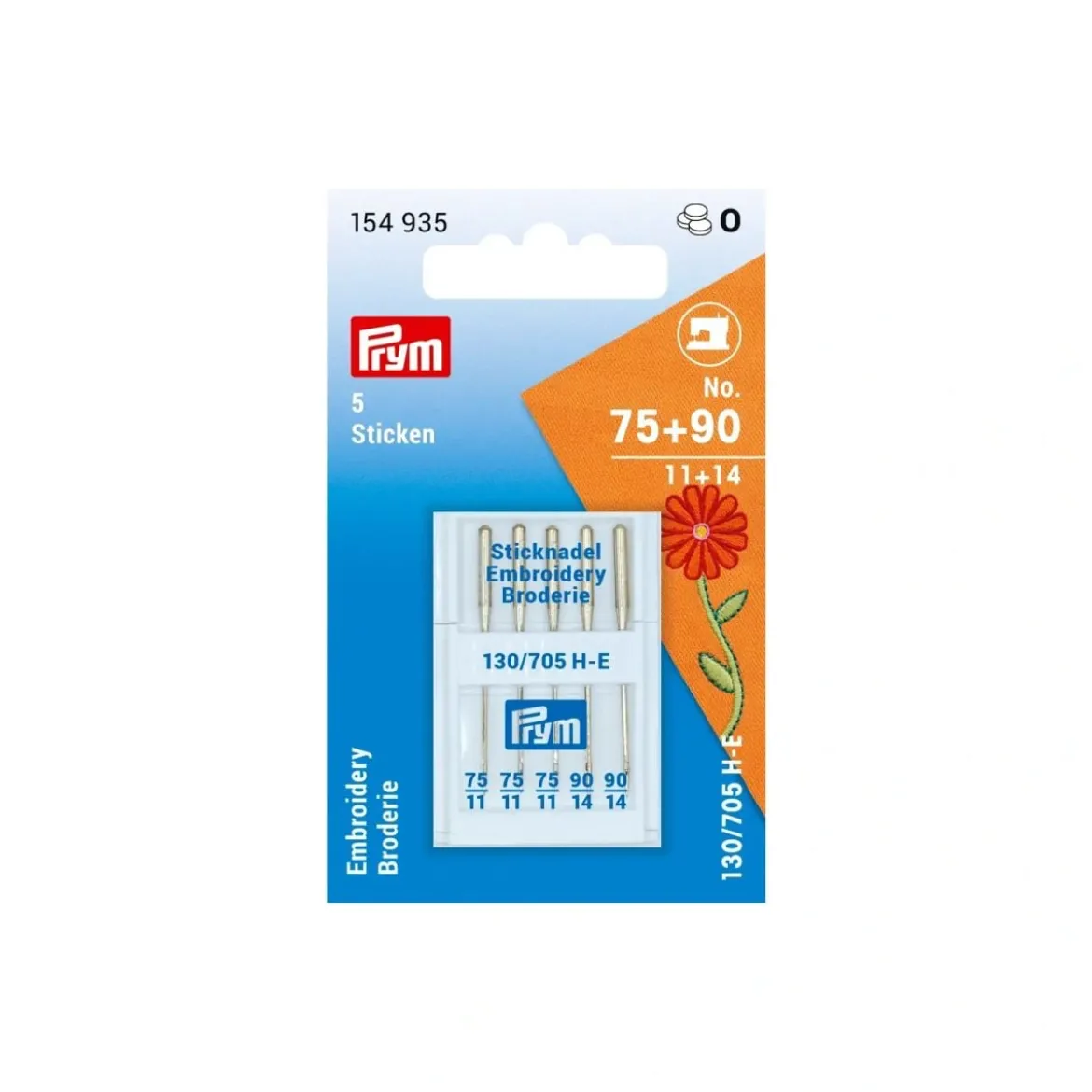 Prym 5 Nähmaschinennadeln 130/705 STICKEN 75 und 90