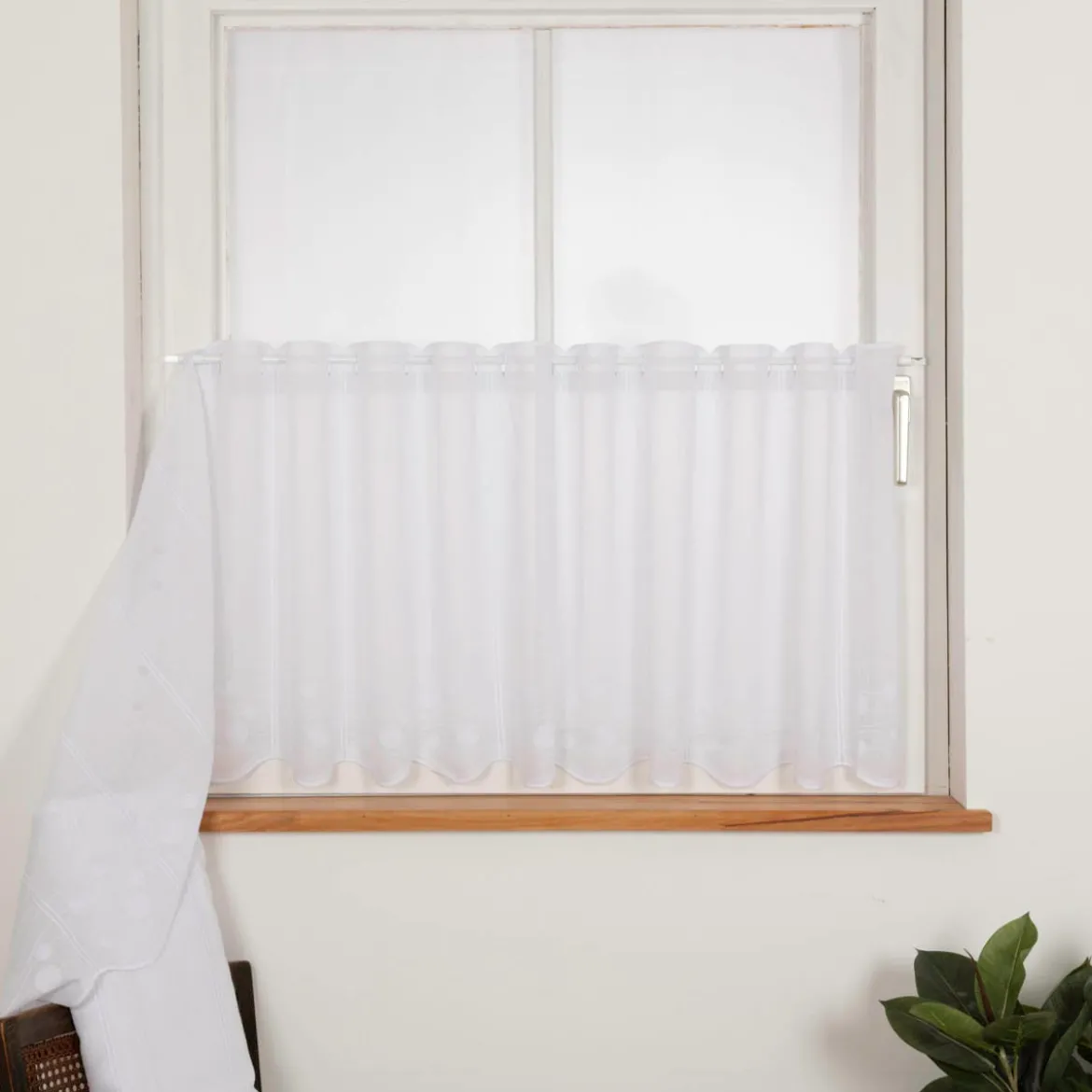 Raffrollo Meterware Stickerei Leinenoptik Kreise wollweiß Meterware 135cm hoch