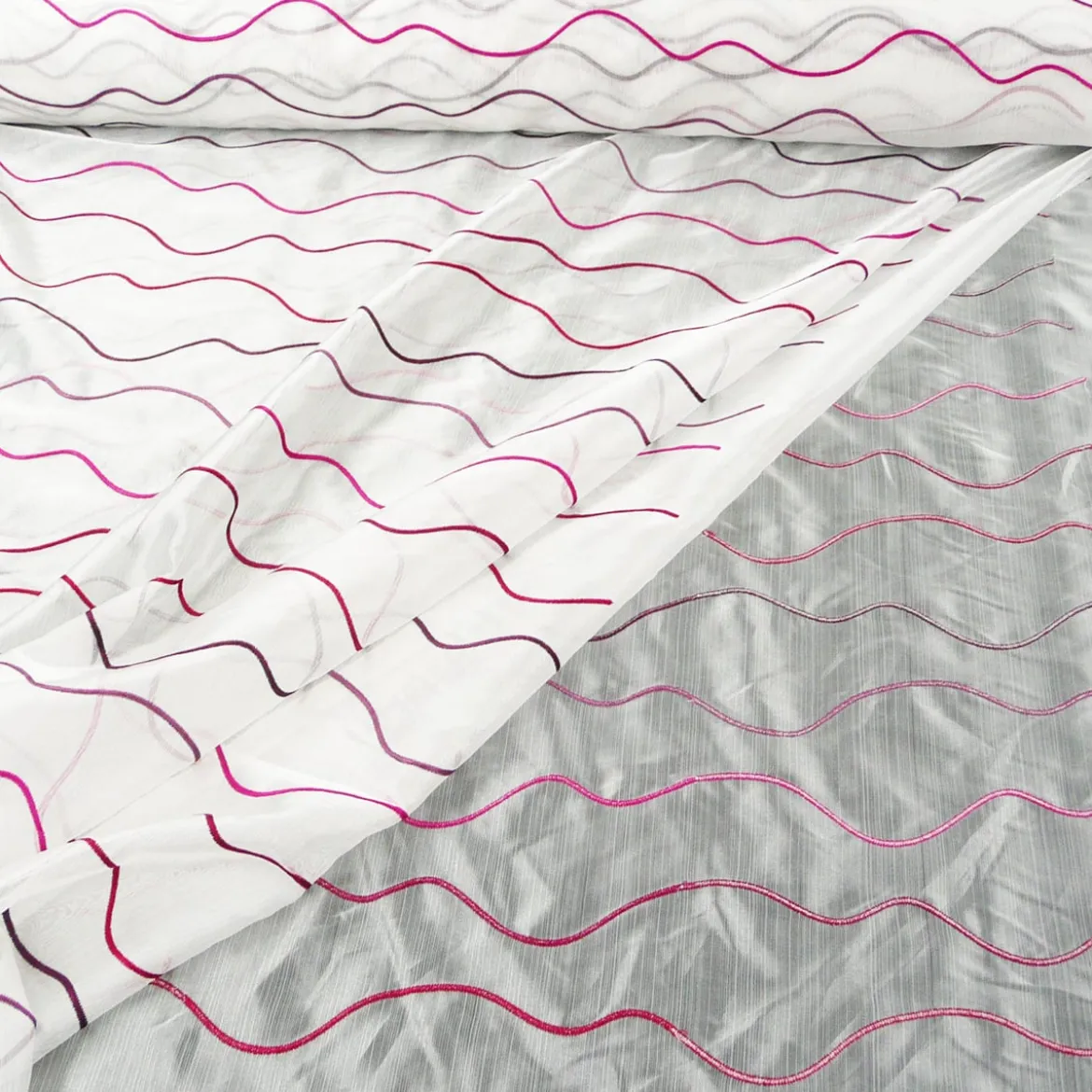 Rasch Organza Gardinenstoff Stickerei Meterware Stores Easy Way Wellen weiß pink lila rot 280cm