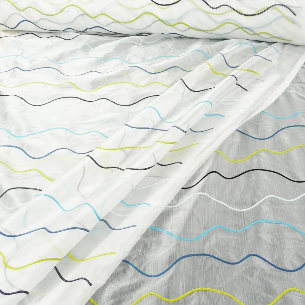 Rasch Organza Gardinenstoff Stickerei Meterware Stores Easy Way Wellen weiß aqua grün schwarz 280cm