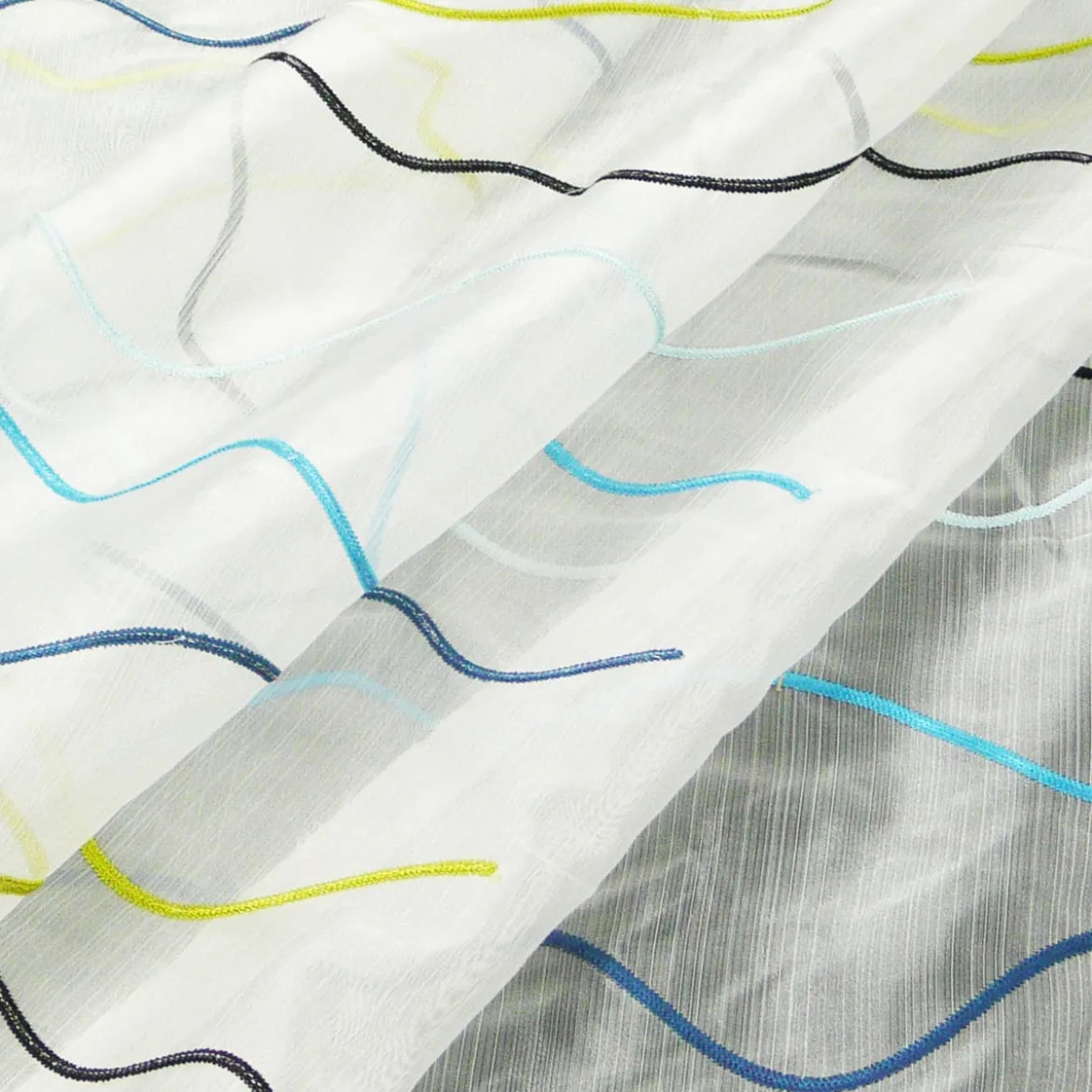 Rasch Organza Gardinenstoff Stickerei Meterware Stores Easy Way Wellen weiß aqua grün schwarz 280cm