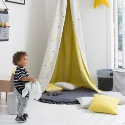 Rasch Textil Dekostoff Baumwollstoff Leinenoptik Bambino Fun Punkte gelb 1,40m Breite