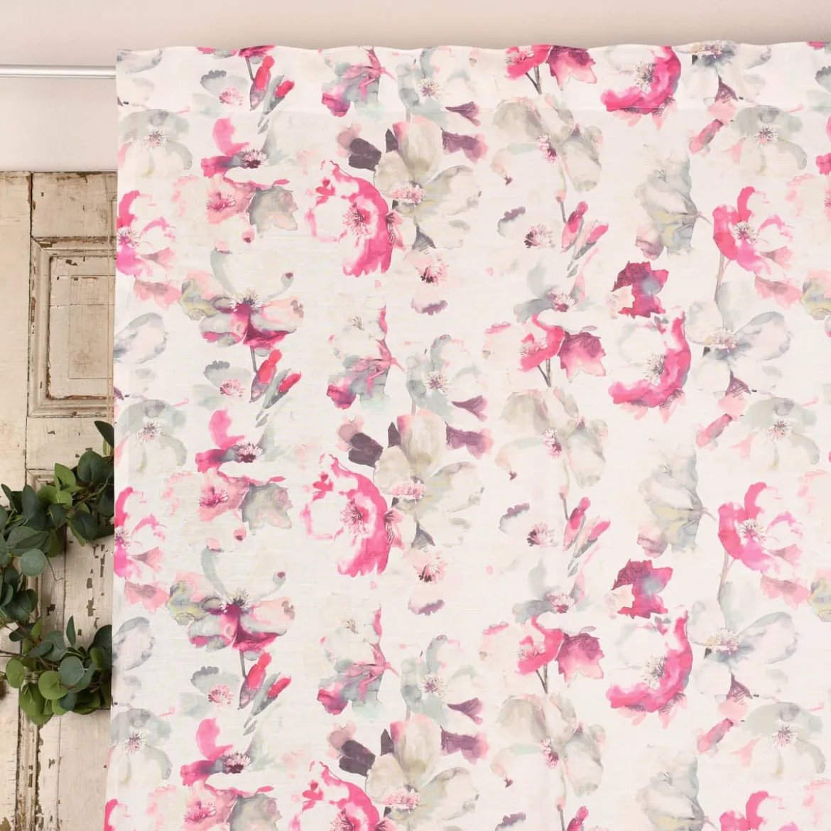 Rasch Textil Gardinenstoff Baumwolle Malve Aquarell-Blumen halbtransparent weiß pink 280cm