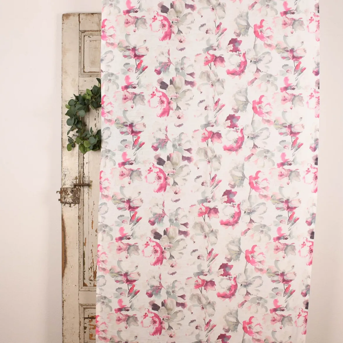 Rasch Textil Gardinenstoff Baumwolle Malve Aquarell-Blumen halbtransparent weiß pink 280cm