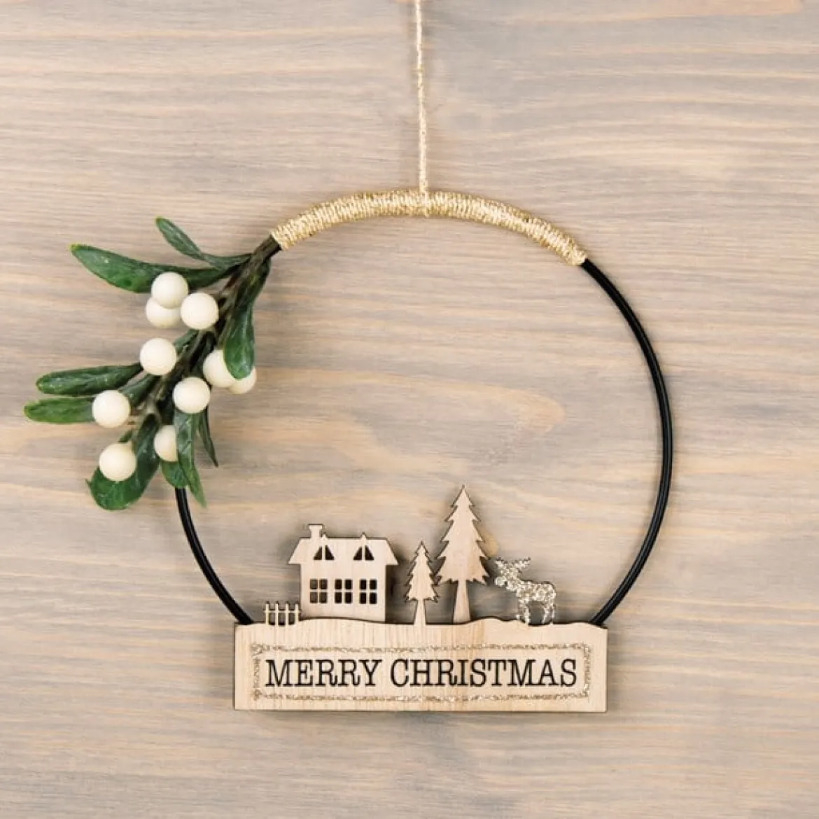 Rayher Holzdeko Haus Baum Elch mit Schriftzug Merry Christmas natur 11x7cm