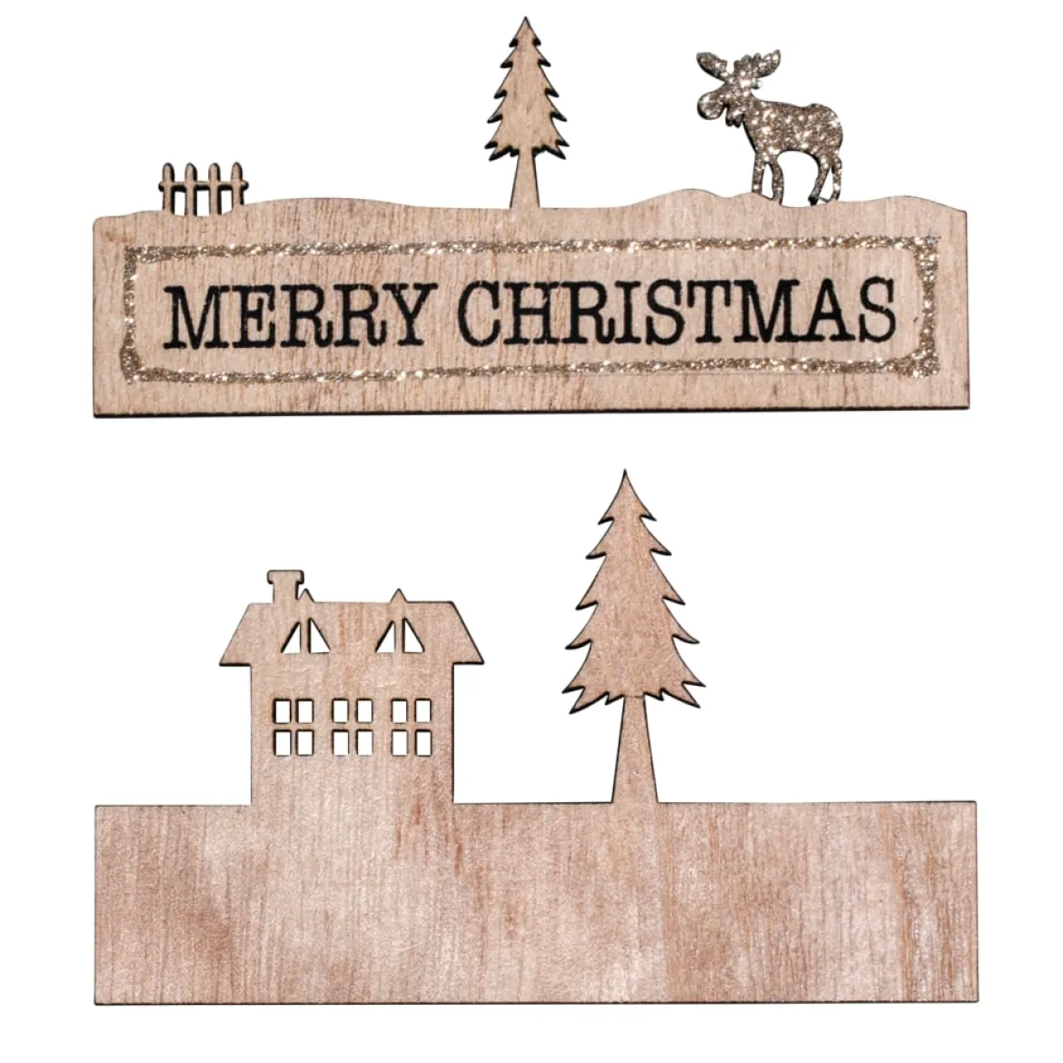 Rayher Holzdeko Haus Baum Elch mit Schriftzug Merry Christmas natur 11x7cm