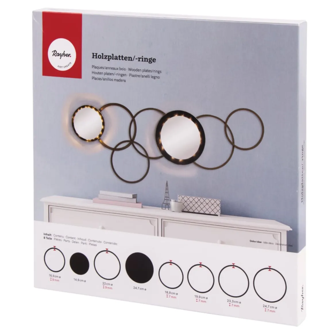 Rayher Holzringe und -platten Set 8-teilig naturbelassen verschiedene Größen