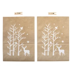Rayher Papiertüten mit Holzklammern 2er Set Weihnachtsmotiv Hirsch natur weiß goldfarbig 20x14x7cm