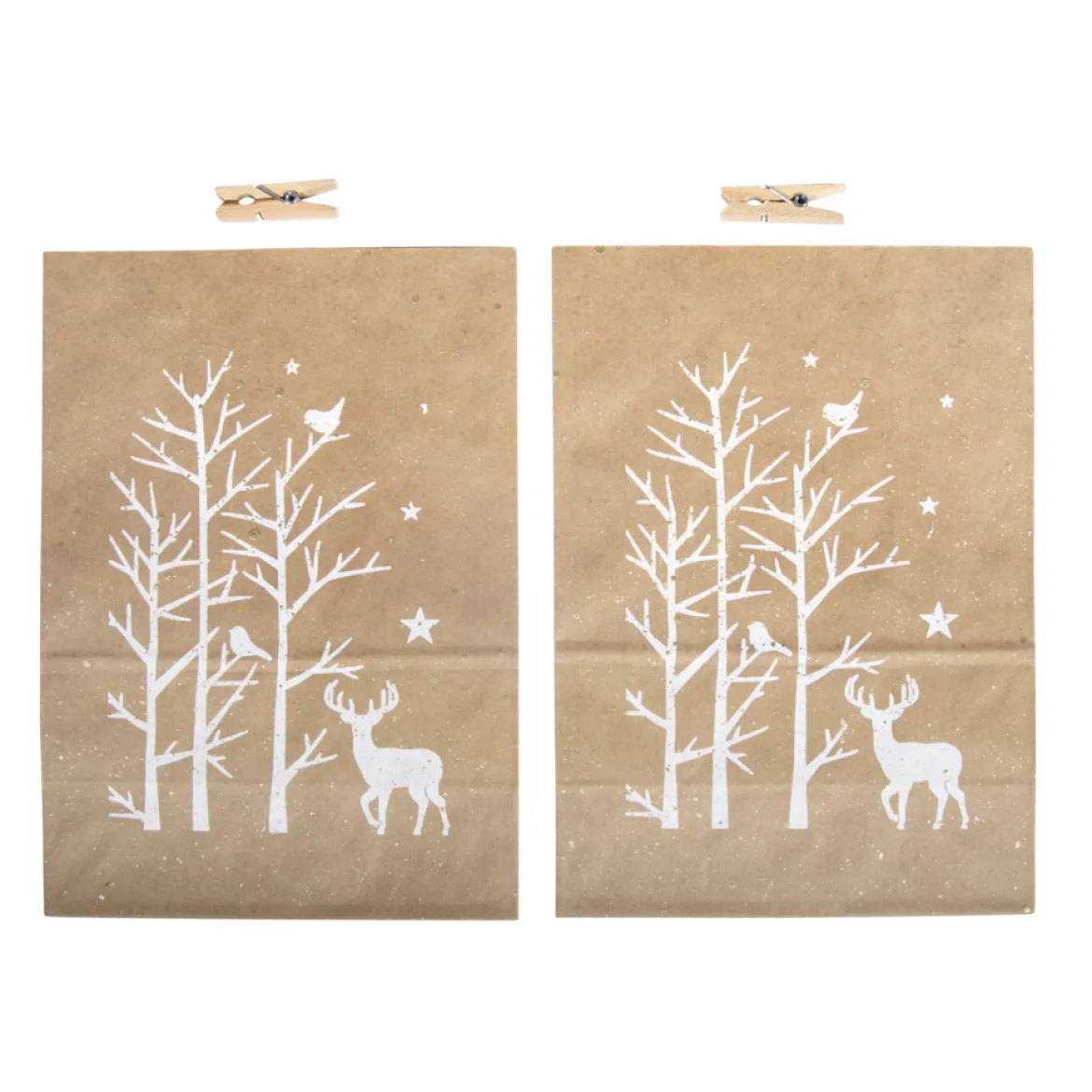Rayher Papiertüten mit Holzklammern 2er Set Weihnachtsmotiv Hirsch natur weiß goldfarbig 20x14x7cm