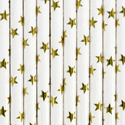 Röhrchen Strohhalme goldfarbige Sternchen Papier 10 Stück weiß gold 19,5cm
