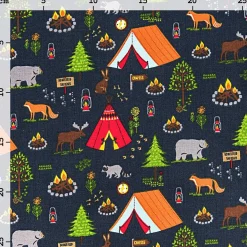 Rico Design Baumwollstoff Stoffabschnitt Camping schwarz bunt 50x140cm