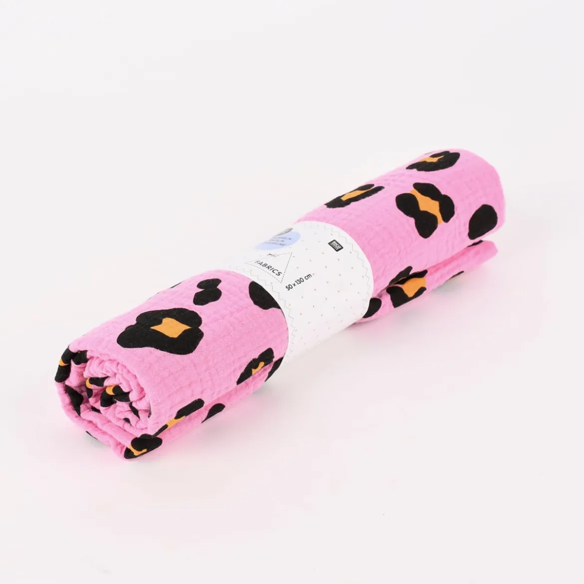 Rico Design Bekleidungsstoff Krinkel Musselin Stoffabschnitt Leomuster rosa schwarz orange 50x130cm