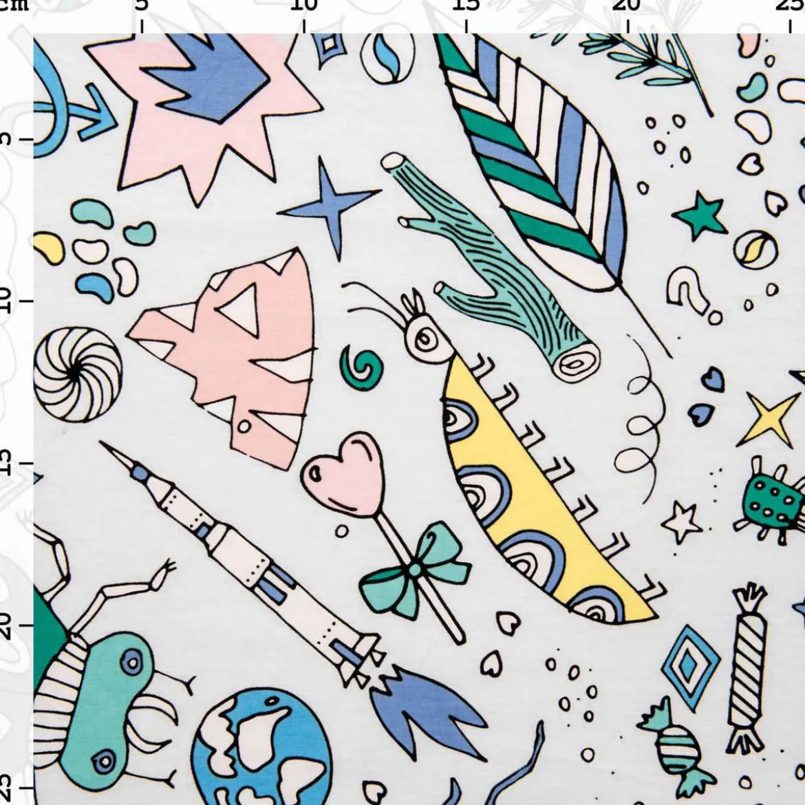 Rico Design beschichtete Baumwolle Stoffabschnitt Insekten Blätter Sterne grau bunt 25x70cm