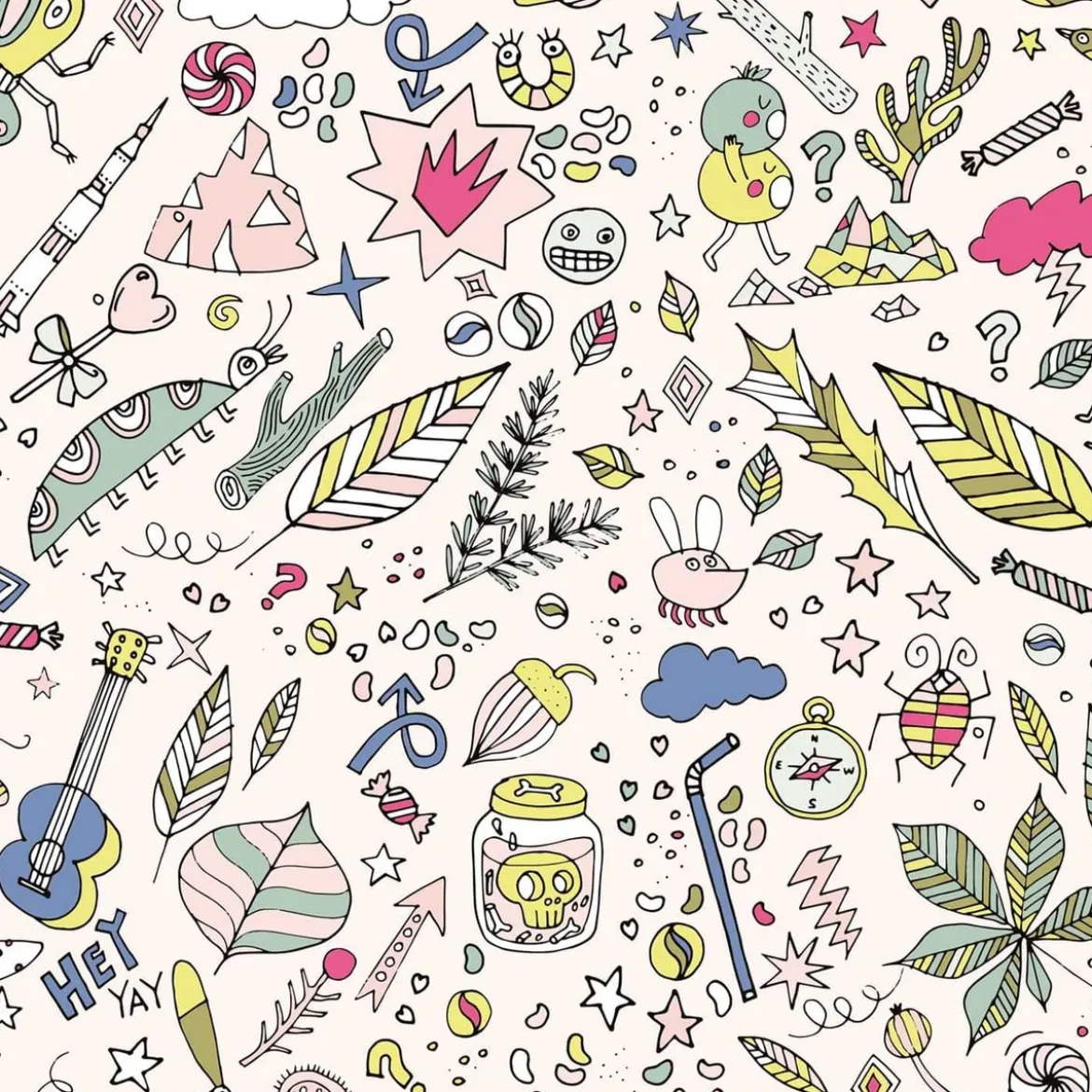 Rico Design beschichtete Baumwolle Stoffabschnitt Insekten Blätter Sterne puderrosa bunt 25x70cm