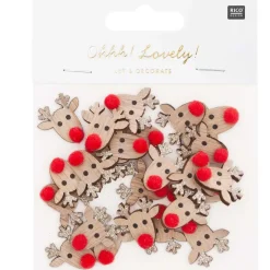 Rico Design Dekostreu Rentier mit Glitzer Holz natur rot gold 24 Stück
