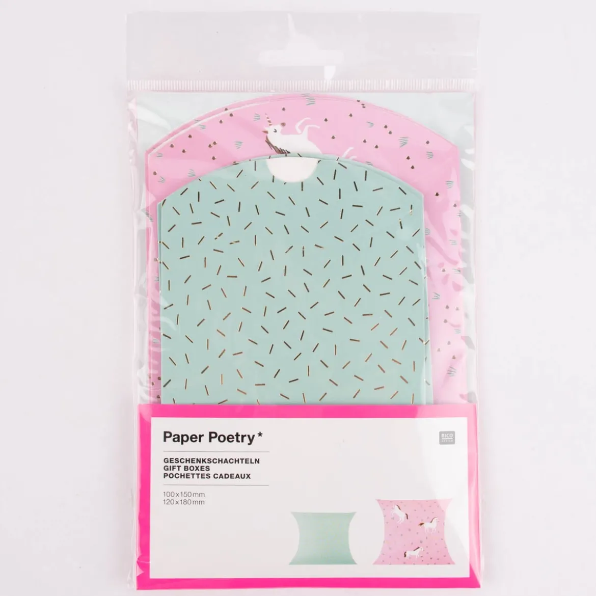 Rico Design Geschenkschachteln Mix Einhorn Mint Rosa mit Folienprägung 6 Stück verschieden groß