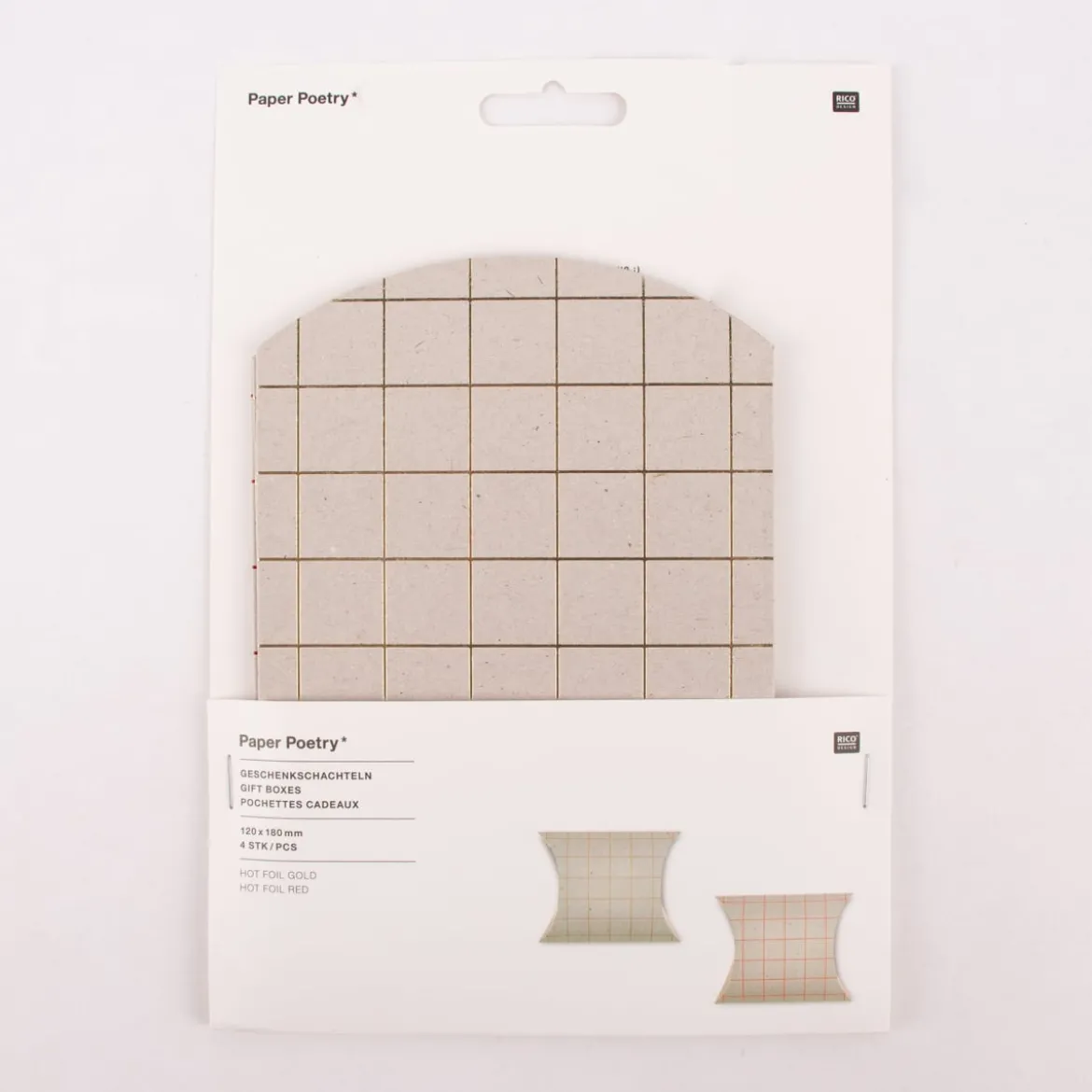 Rico Design Geschenkschachteln Graukarton kariert 4 Stück natur goldfarbig rot 4x12x18cm