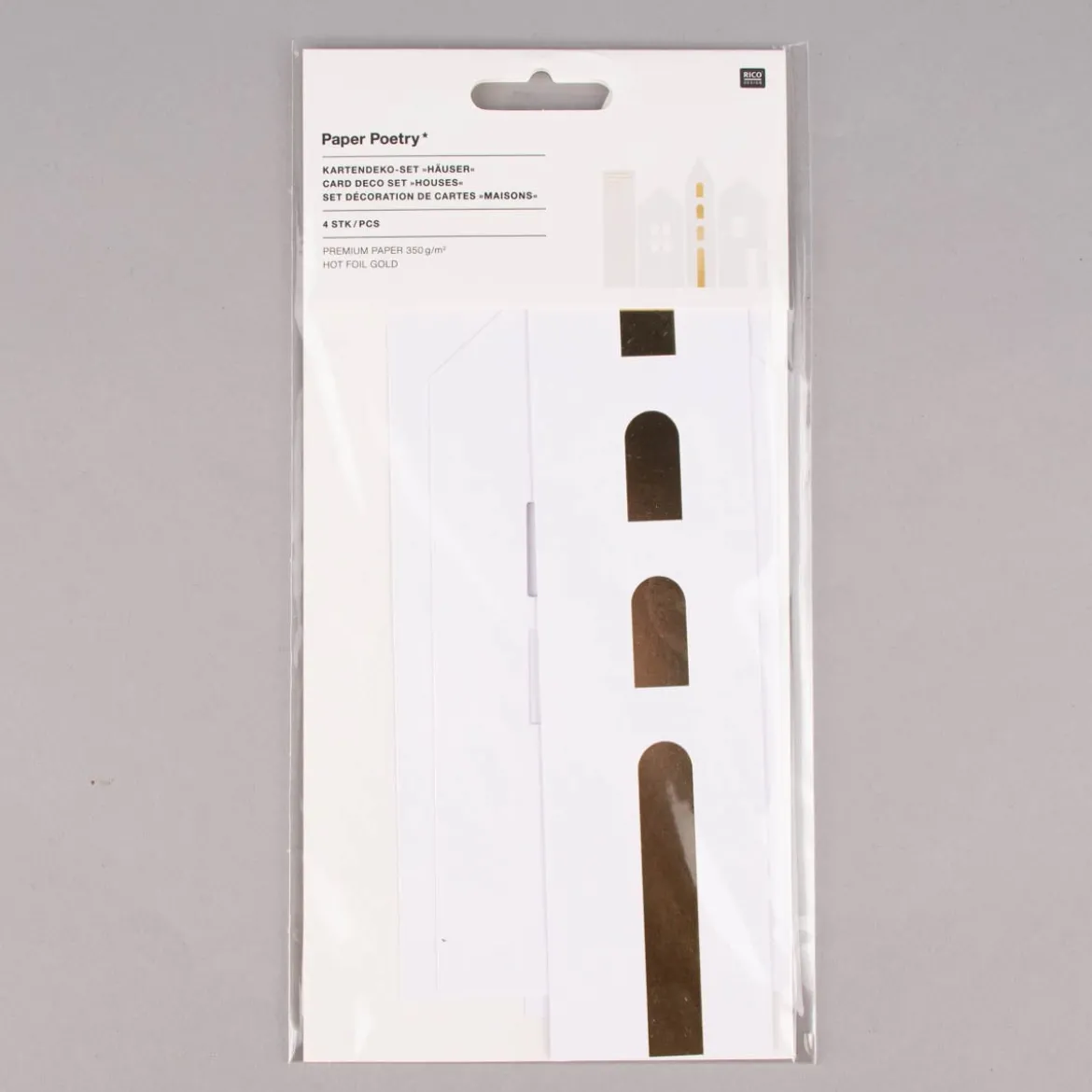 Rico Design Kartendeko Papierhäuser weiß goldfarbig 4-teilig