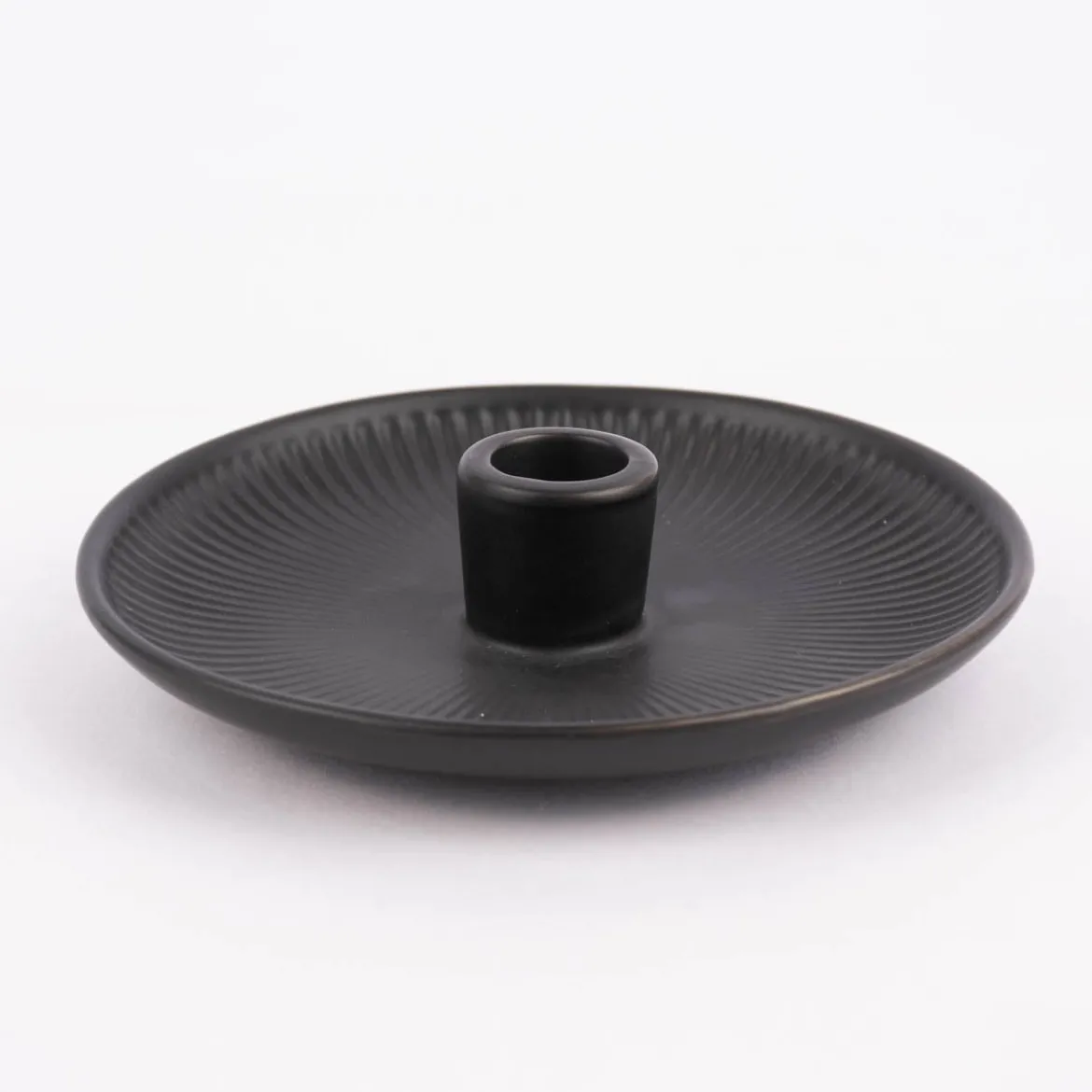 Rico Design Kerzenhalter für Stabkerzen Schale mit Rillen Porzellan matt schwarz 3,5x15,5cm