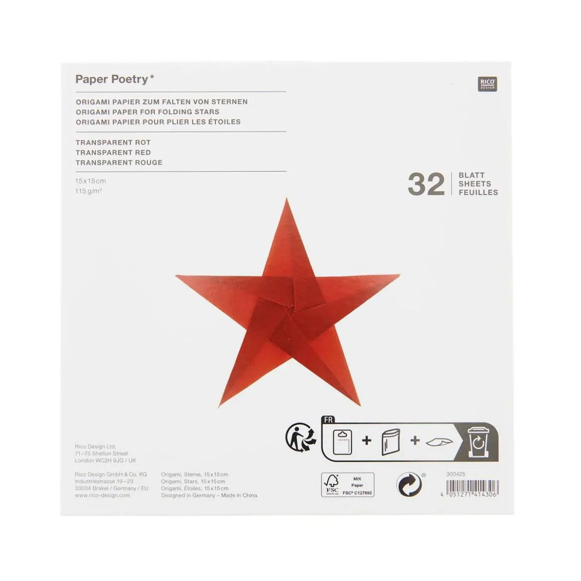 Rico Design Origami Papier 32 Blatt rot transparent 15x15cm