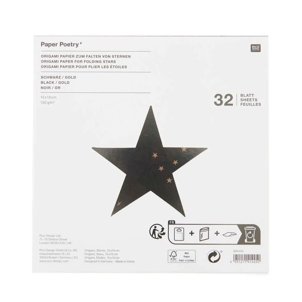 Rico Design Origami Papier Sterne 32 Blatt schwarz goldfarbig 15x15cm
