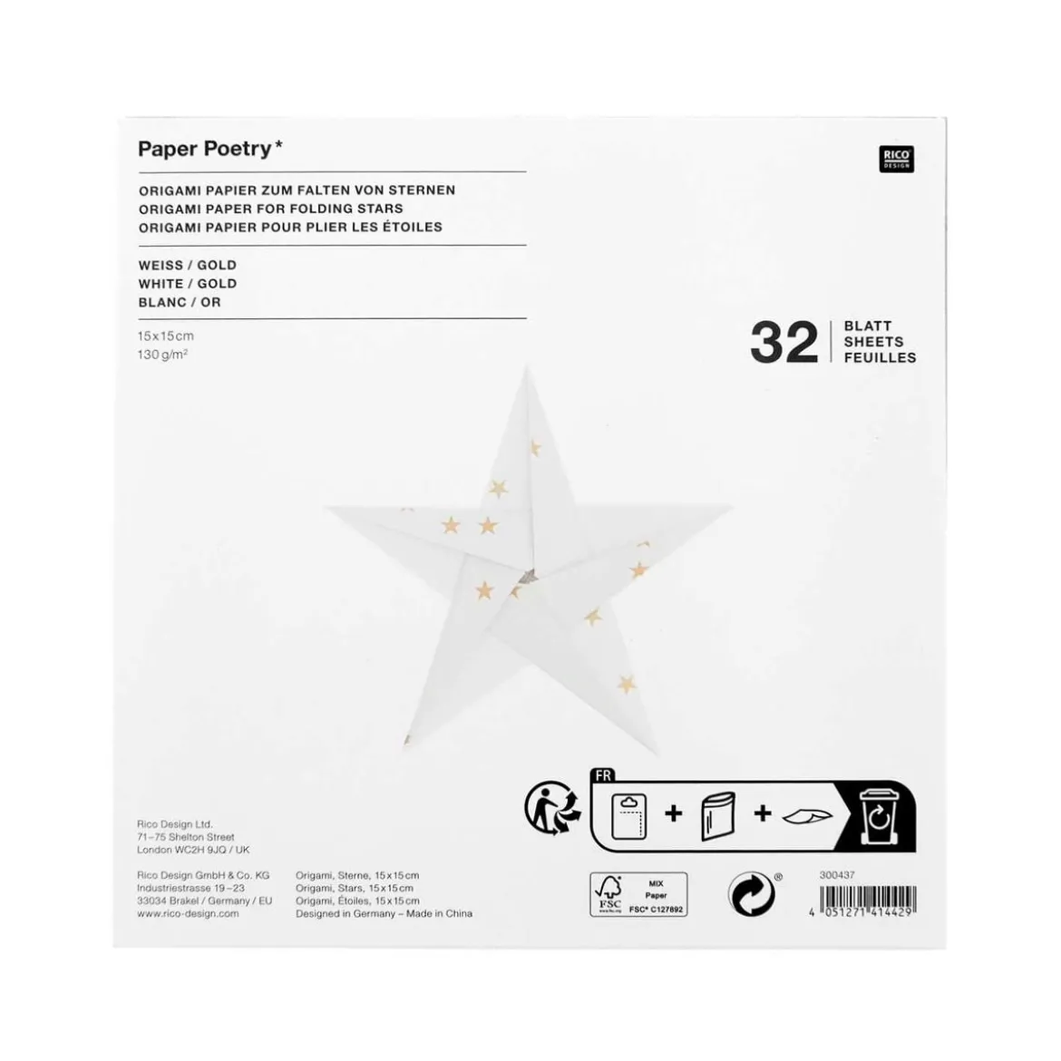 Rico Design Origami Papier Sterne 32 Blatt weiß goldfarbig 15x15cm