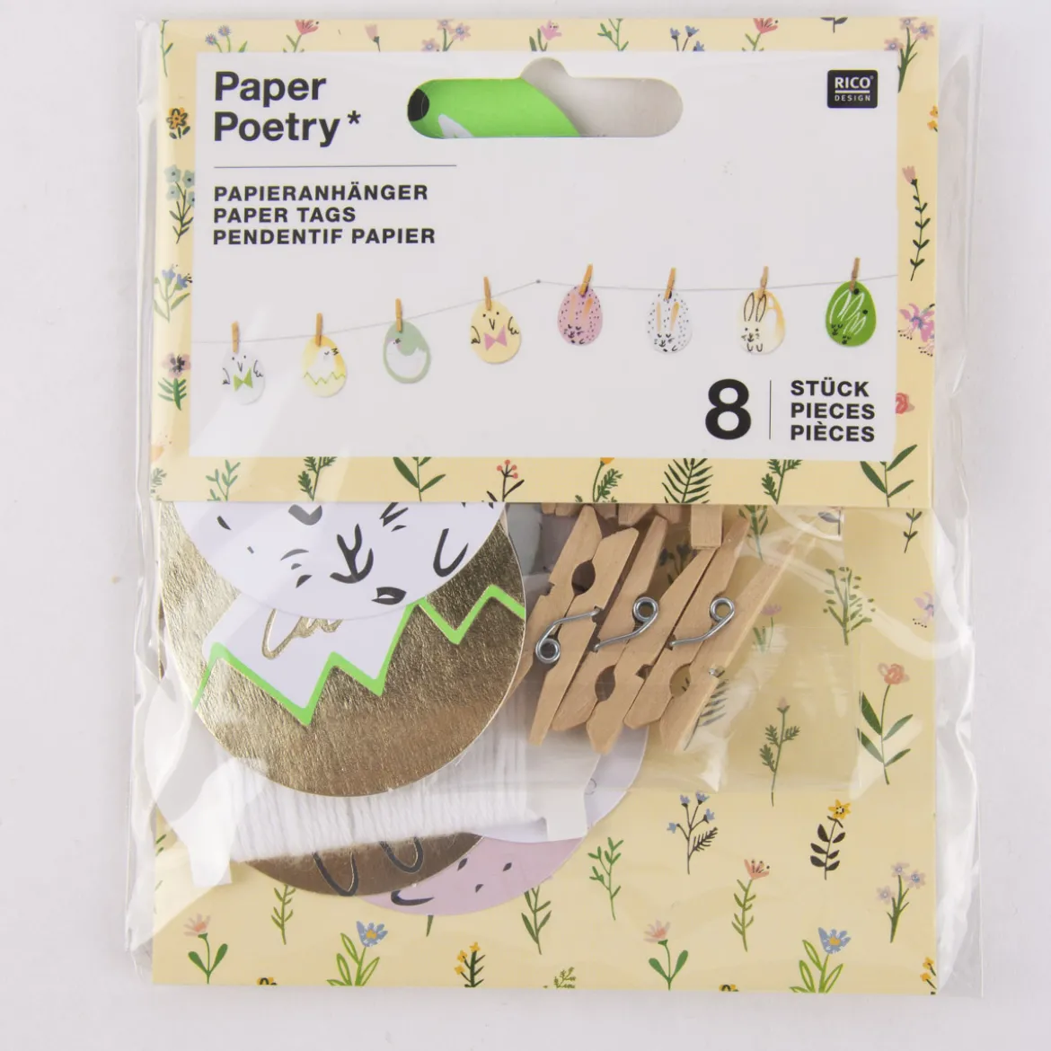 Rico Design Papieranhänger Bunny Hop Ostereier mit Schnur und Klammern 8 Stück