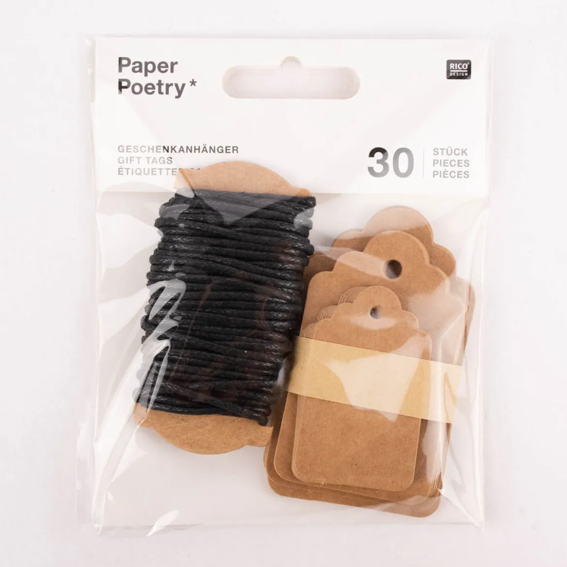 Rico Design Papieranhänger Etikett natur schwarz verschiedene Größen 30 Stück