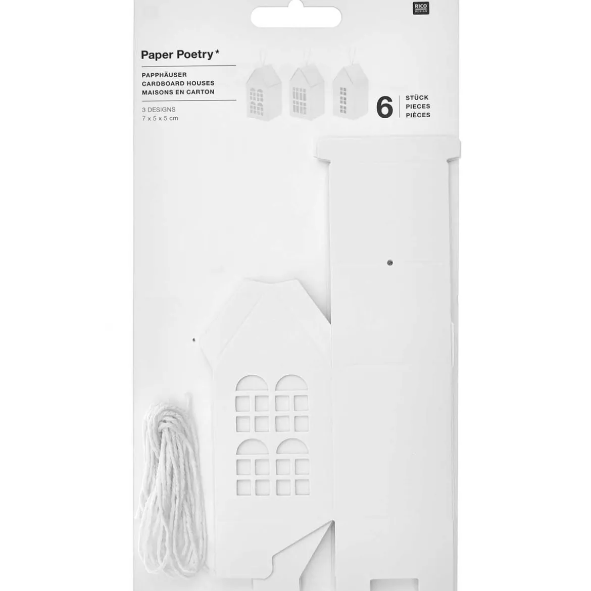 Rico Design Papphäuser Set vorgestanzt zum Hinstellen oder Aufhängen weiß 6 Stück