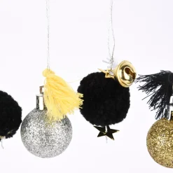 Rico Design Pompon- und Kugel-Anhänger schwarz gold silber 6 Stück 3cm