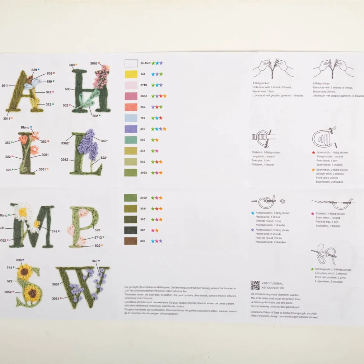 Rico Design Stick & Stitch 56 x Blumenalphabet Stickvlies und Stickgarne