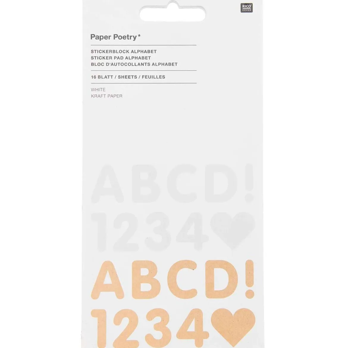 Rico Design Stickerblock Alphabet Kraftpapier weiß natur 16 Blatt