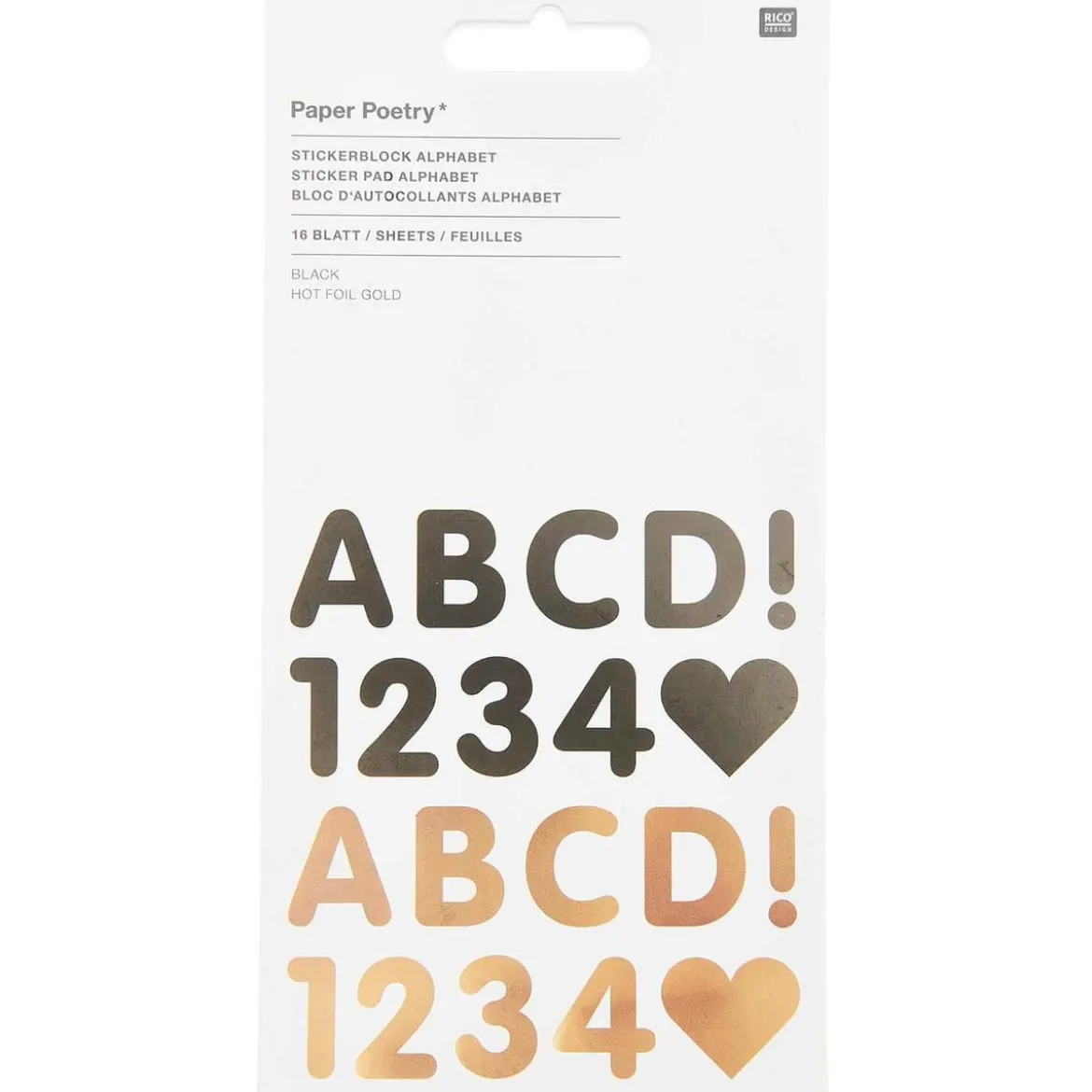 Rico Design Stickerblock Alphabet schwarz goldfarbig 16 Blatt