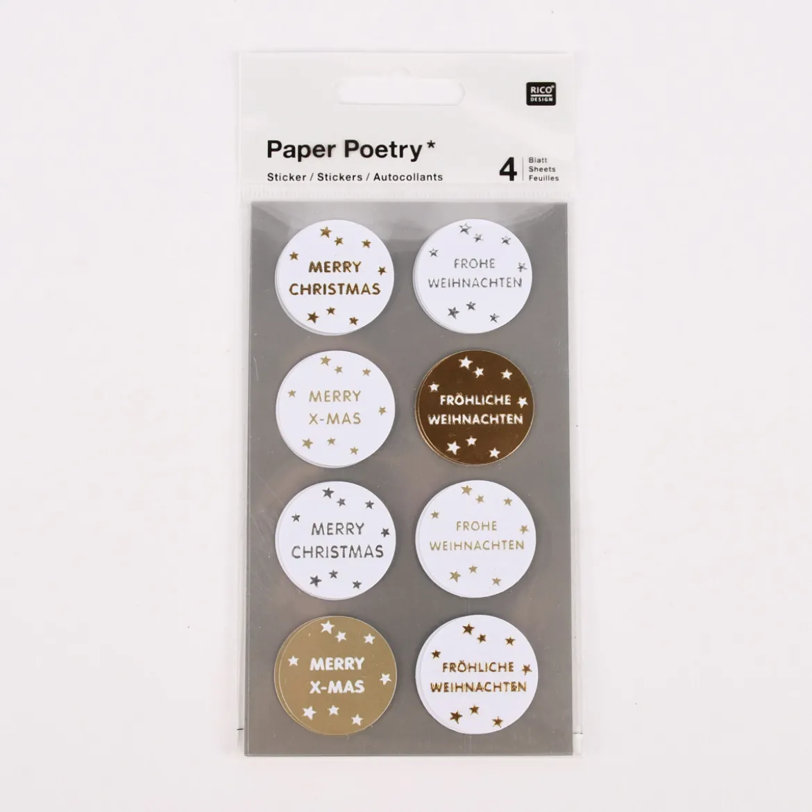 Rico Design Sticker Fröhliche Weihnachten weiß gold 4 Blatt