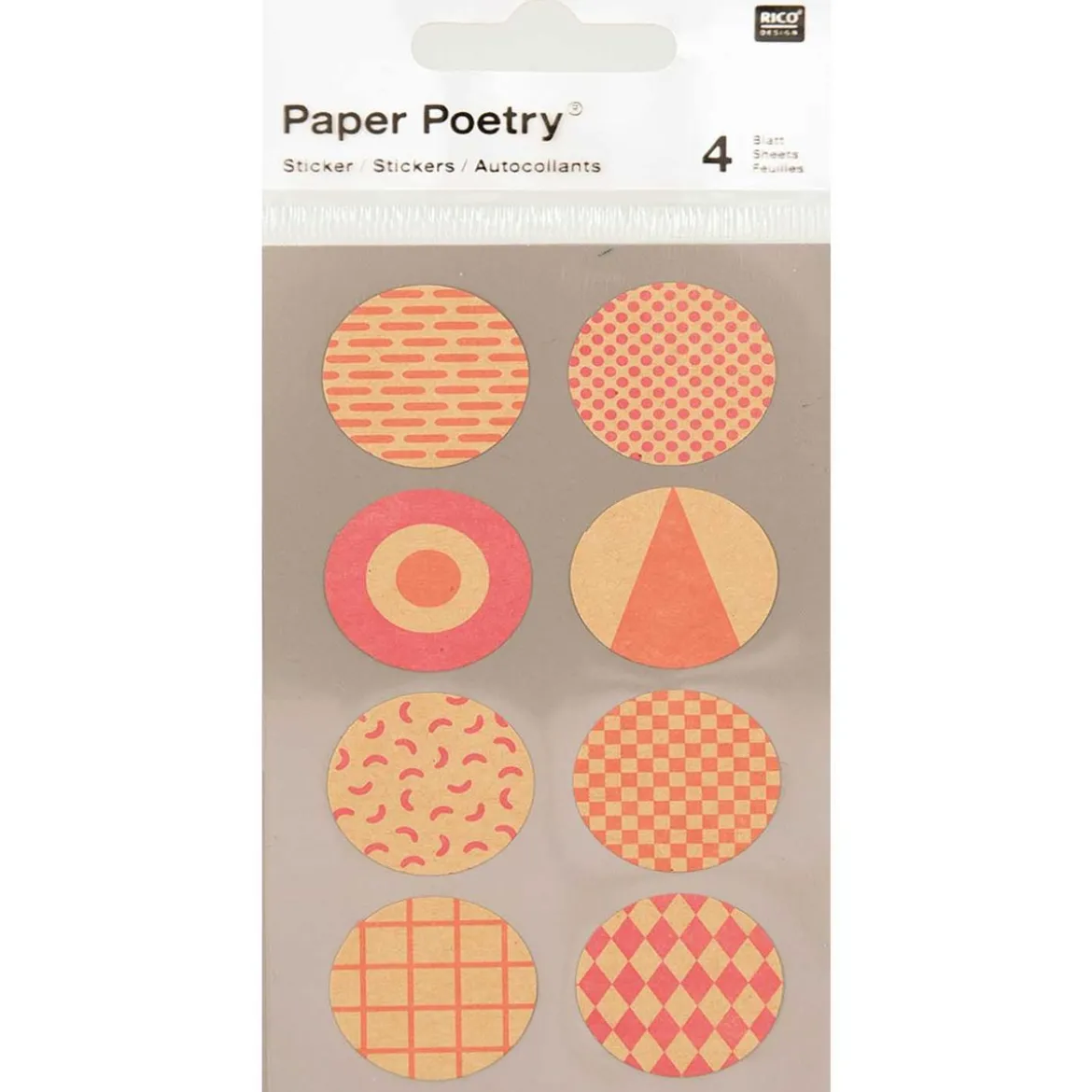 Rico Design Sticker rund mit geometrischen Mustern Kraftpapier 32 Stück natur orange pink