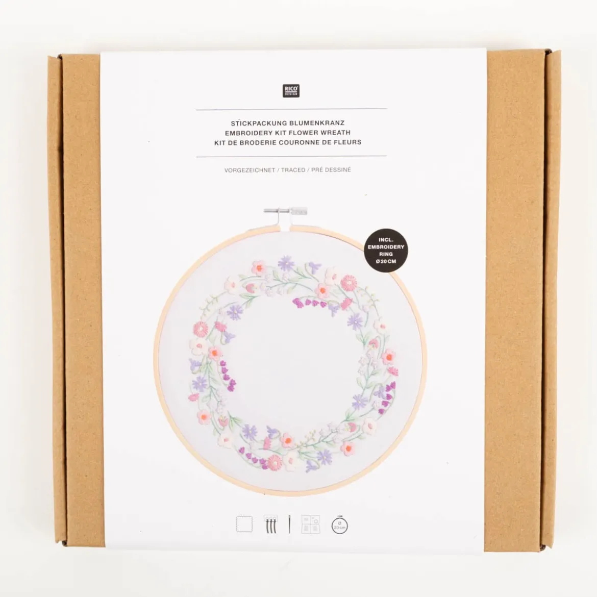 Rico Design Stickpackung vorgezeichnet Blumenkranz Set mit Stickring 20cm